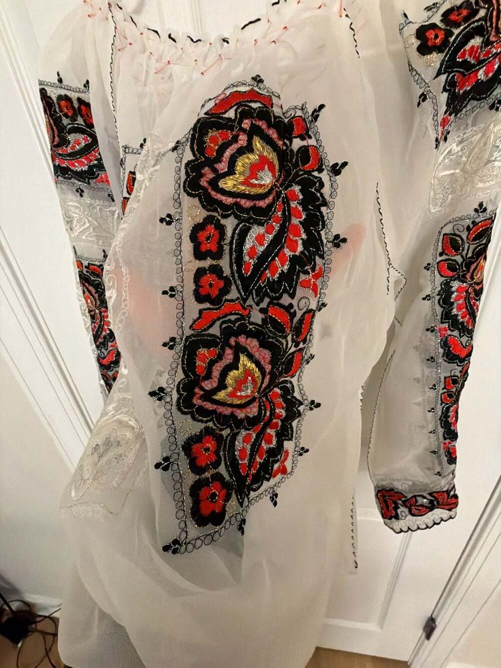 Vintage Sheer Embroidered Peasant Blouse White Floral Folk Style - Picture 5 of 11